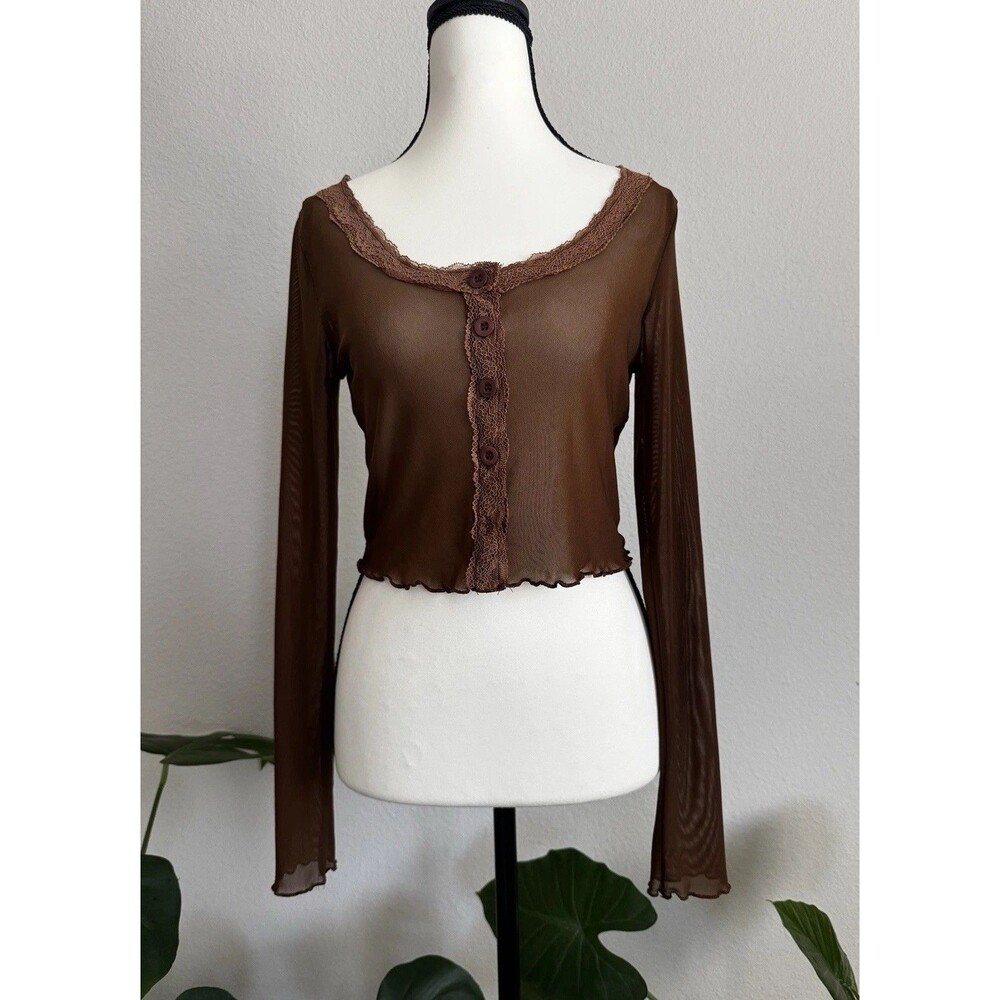 Y2K Brown Sheer Mesh Lace Trim Cropped Button Front Long Sleeve Top M Coquette